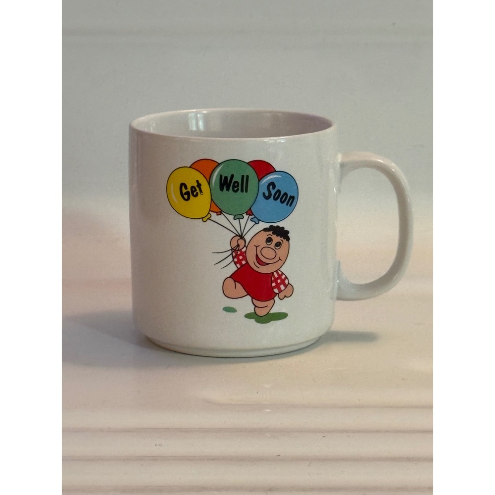 Vintage Russ Berrie GET WELL SOON Coffee Mug Balloons‎ Ceramic White 8063 Korea
